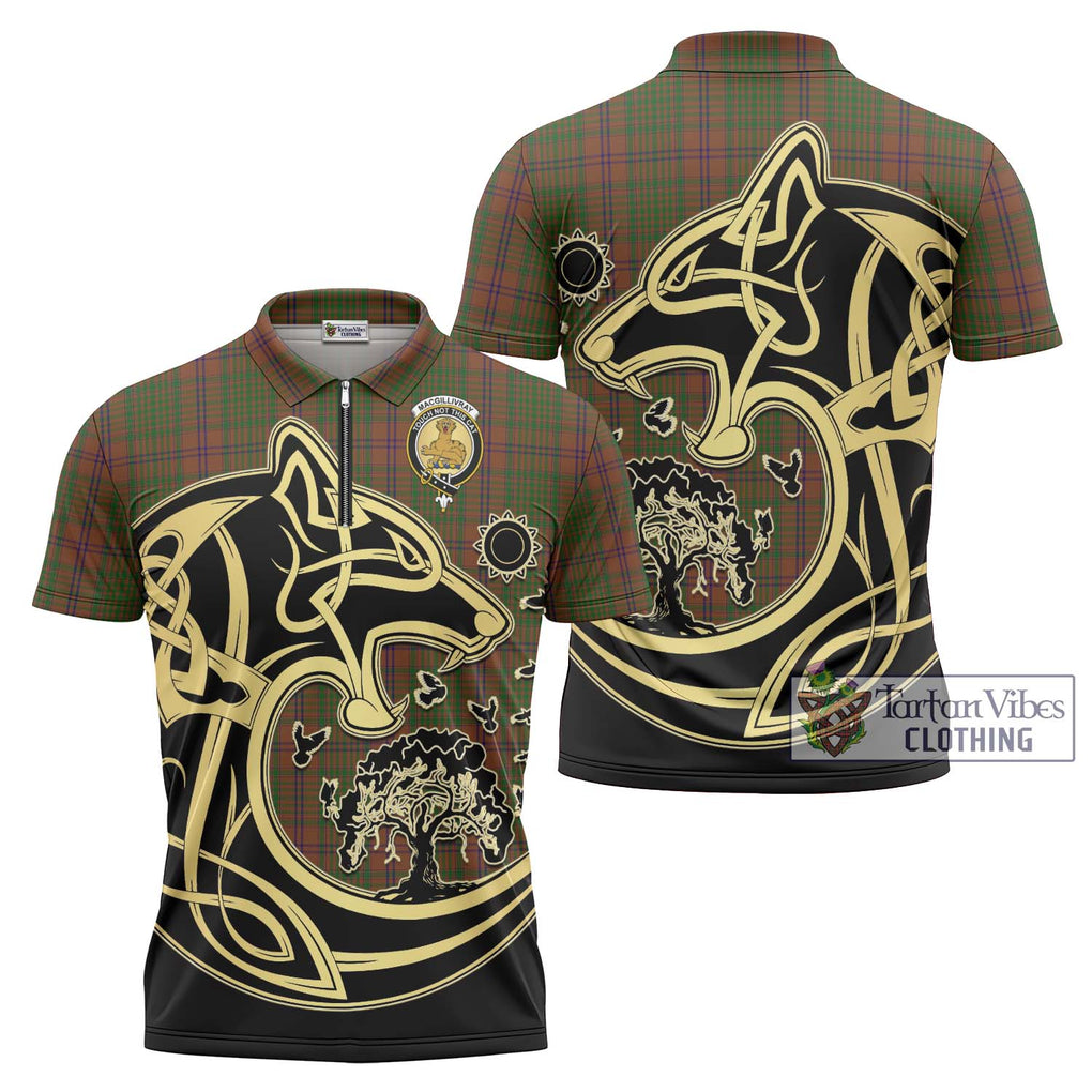 MacGillivray Hunting Tartan Zipper Polo Shirt with Family Crest Celtic Wolf Style Unisex - Tartanvibesclothing Shop