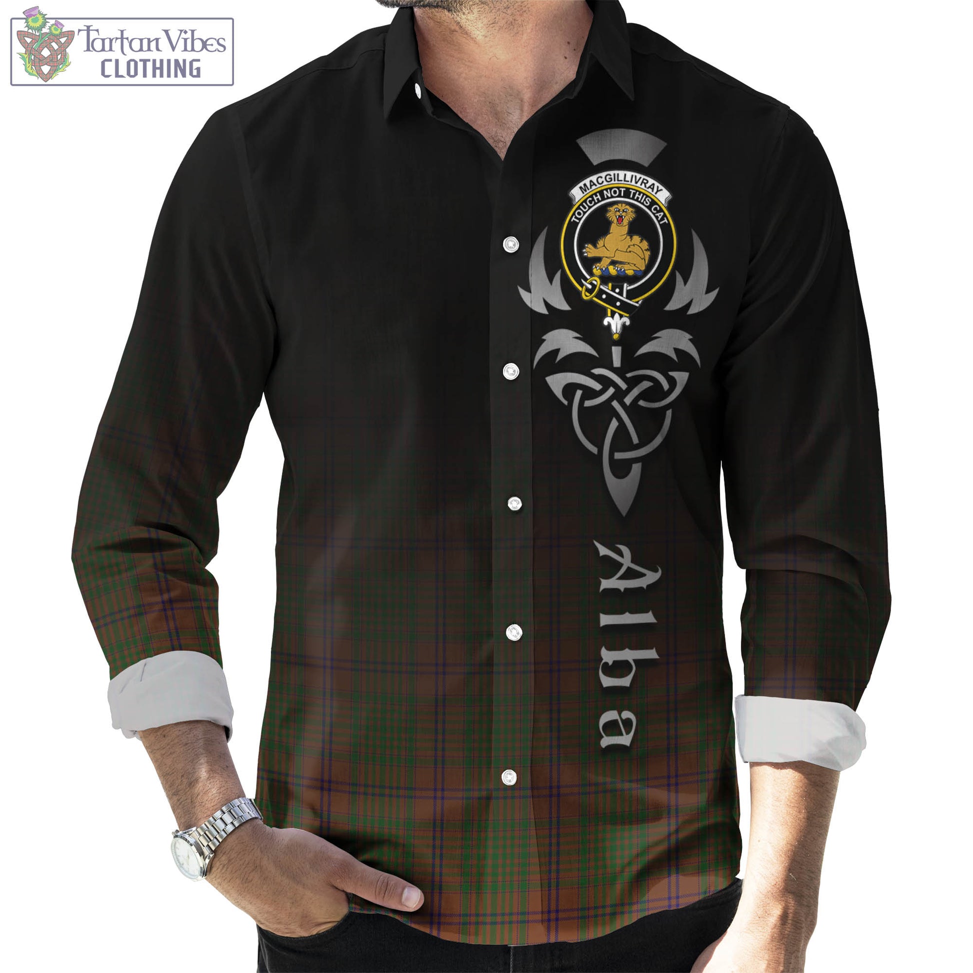 Tartan Vibes Clothing MacGillivray Hunting Tartan Long Sleeve Button Up Featuring Alba Gu Brath Family Crest Celtic Inspired