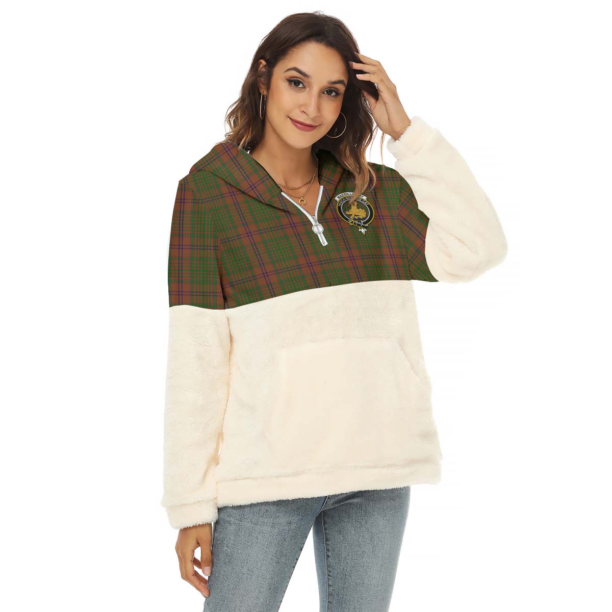 MacGillivray Hunting Tartan Women's Borg Fleece Hoodie With Half Zip with Family Crest Female - Tartan Vibes Clothing