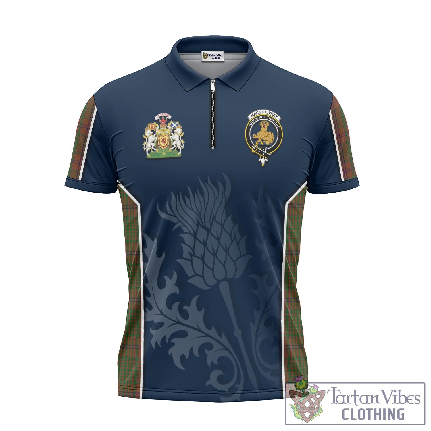 Tartan Vibes Clothing MacGillivray Hunting Tartan Zipper Polo Shirt with Family Crest and Scottish Thistle Vibes Sport Style