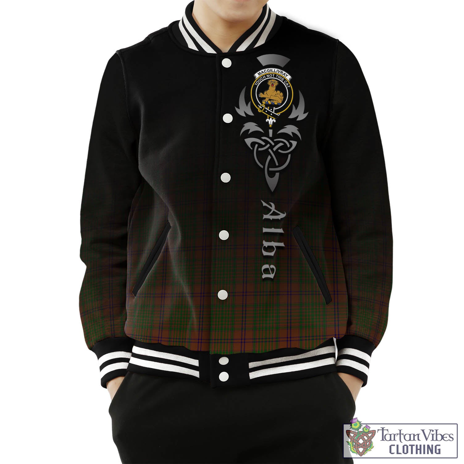 Tartan Vibes Clothing MacGillivray Hunting Tartan Baseball Jacket Featuring Alba Gu Brath Family Crest Celtic Inspired