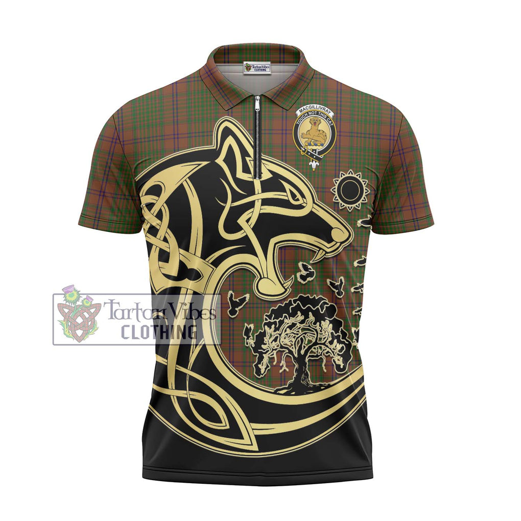 MacGillivray Hunting Tartan Zipper Polo Shirt with Family Crest Celtic Wolf Style - Tartanvibesclothing Shop