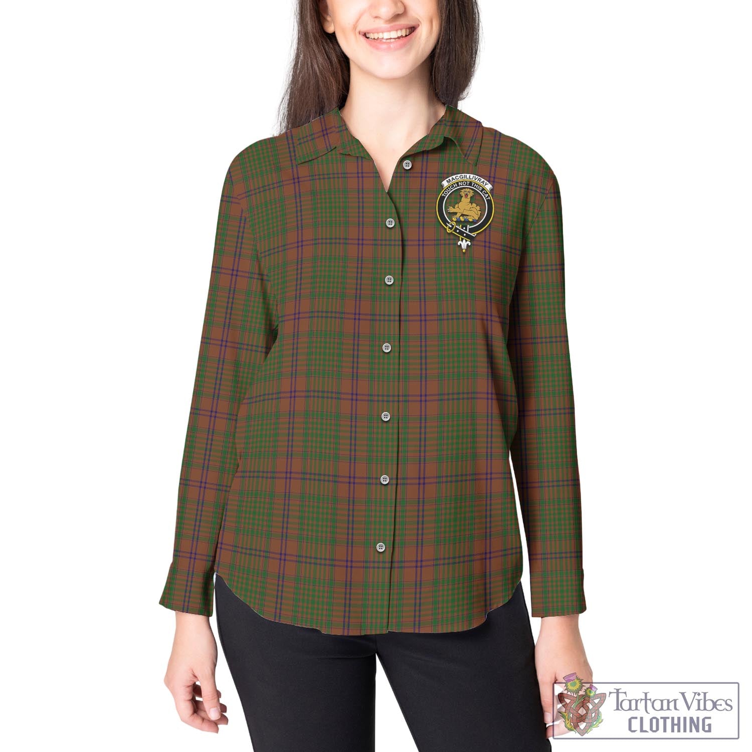 Tartan Vibes Clothing MacGillivray Hunting Tartan Womens Casual Shirt with Family Crest