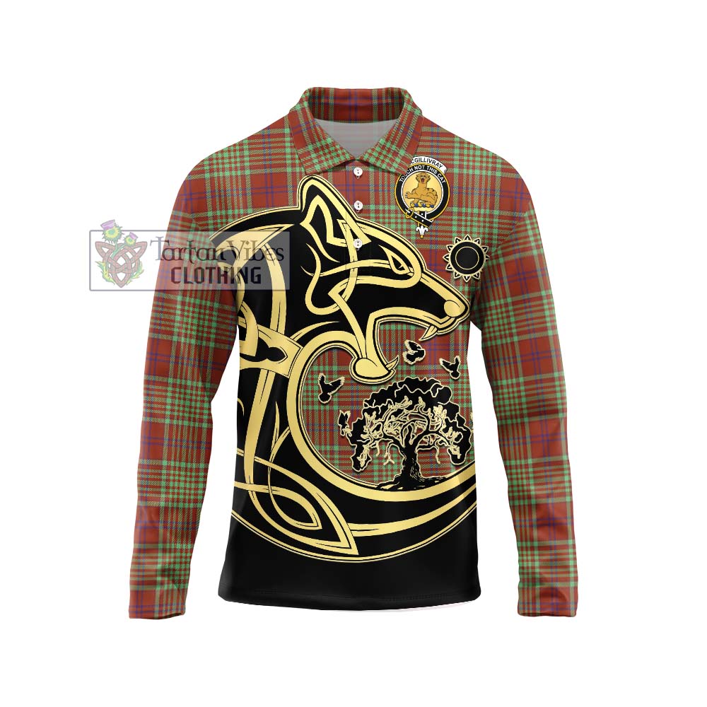 MacGillivray Hunting Ancient Tartan Long Sleeve Polo Shirt with Family Crest Celtic Wolf Style Unisex - Tartanvibesclothing Shop