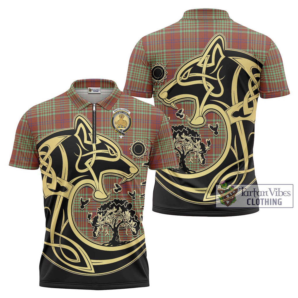 MacGillivray Hunting Ancient Tartan Zipper Polo Shirt with Family Crest Celtic Wolf Style Unisex - Tartanvibesclothing Shop