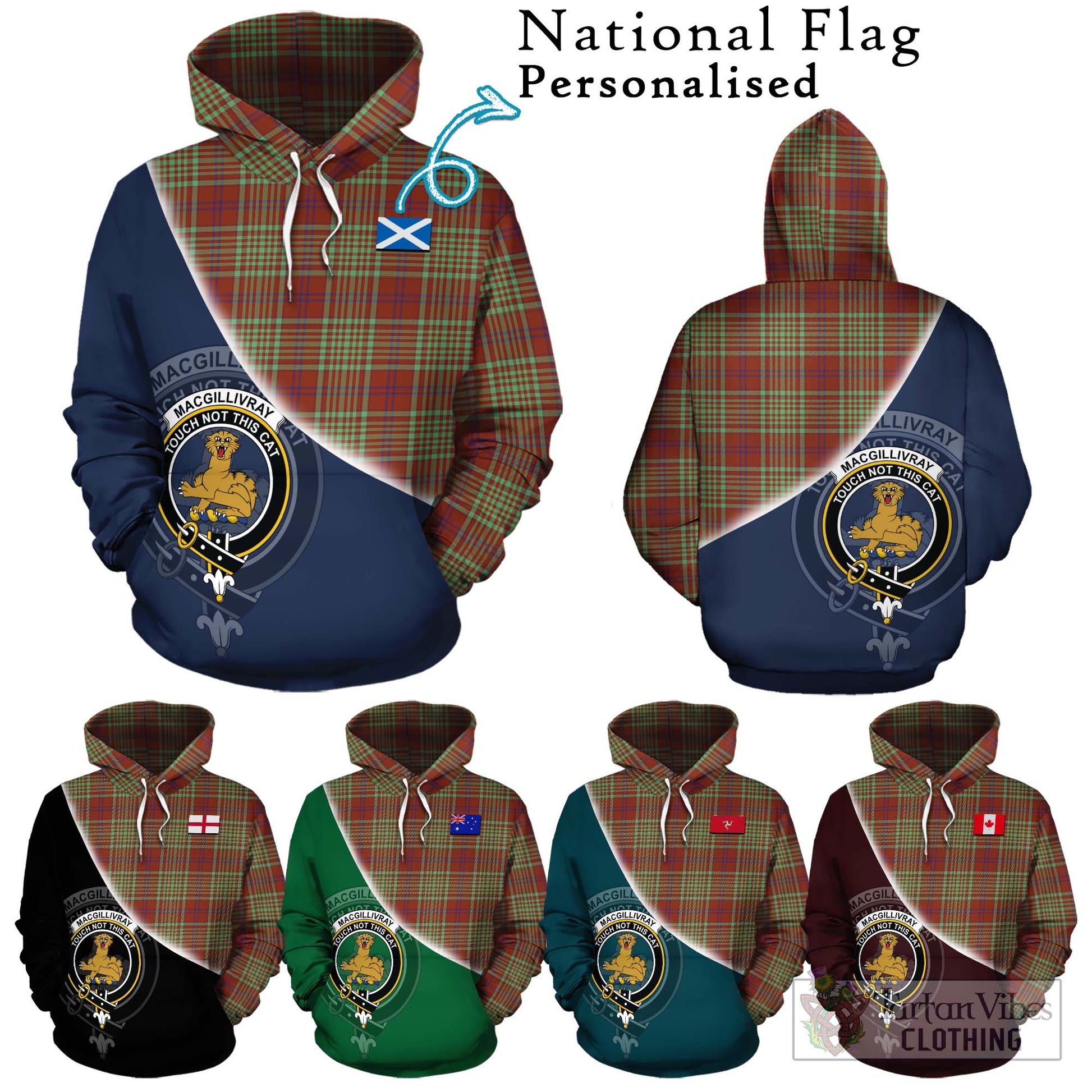 Tartan Vibes Clothing MacGillivray Hunting Ancient Tartan Hoodie with Personalised National Flag and Family Crest Half Style