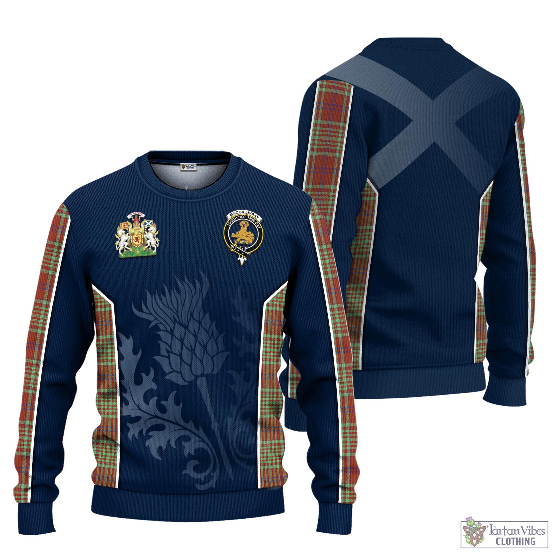 Tartan Vibes Clothing MacGillivray Hunting Ancient Tartan Knitted Sweatshirt with Family Crest and Scottish Thistle Vibes Sport Style