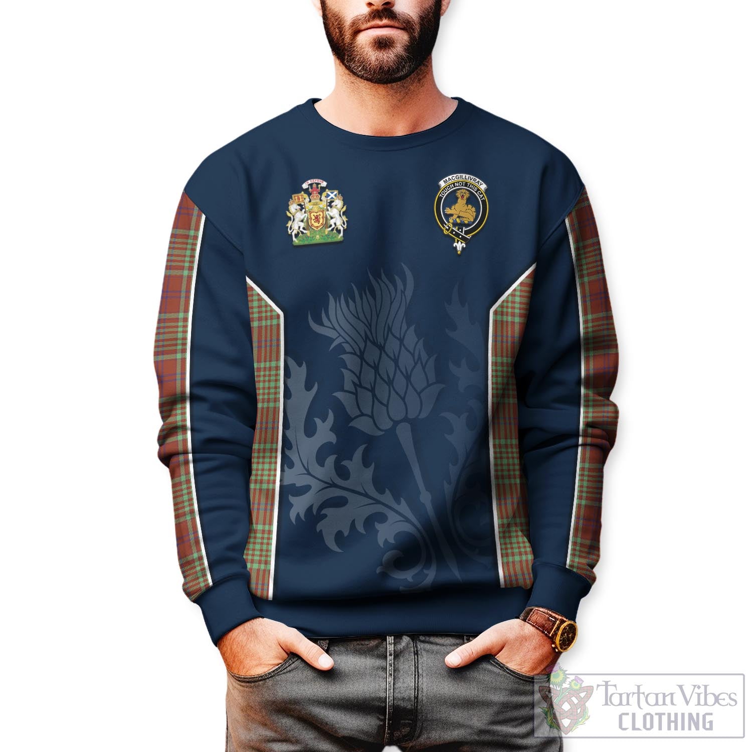 Tartan Vibes Clothing MacGillivray Hunting Ancient Tartan Sweatshirt with Family Crest and Scottish Thistle Vibes Sport Style