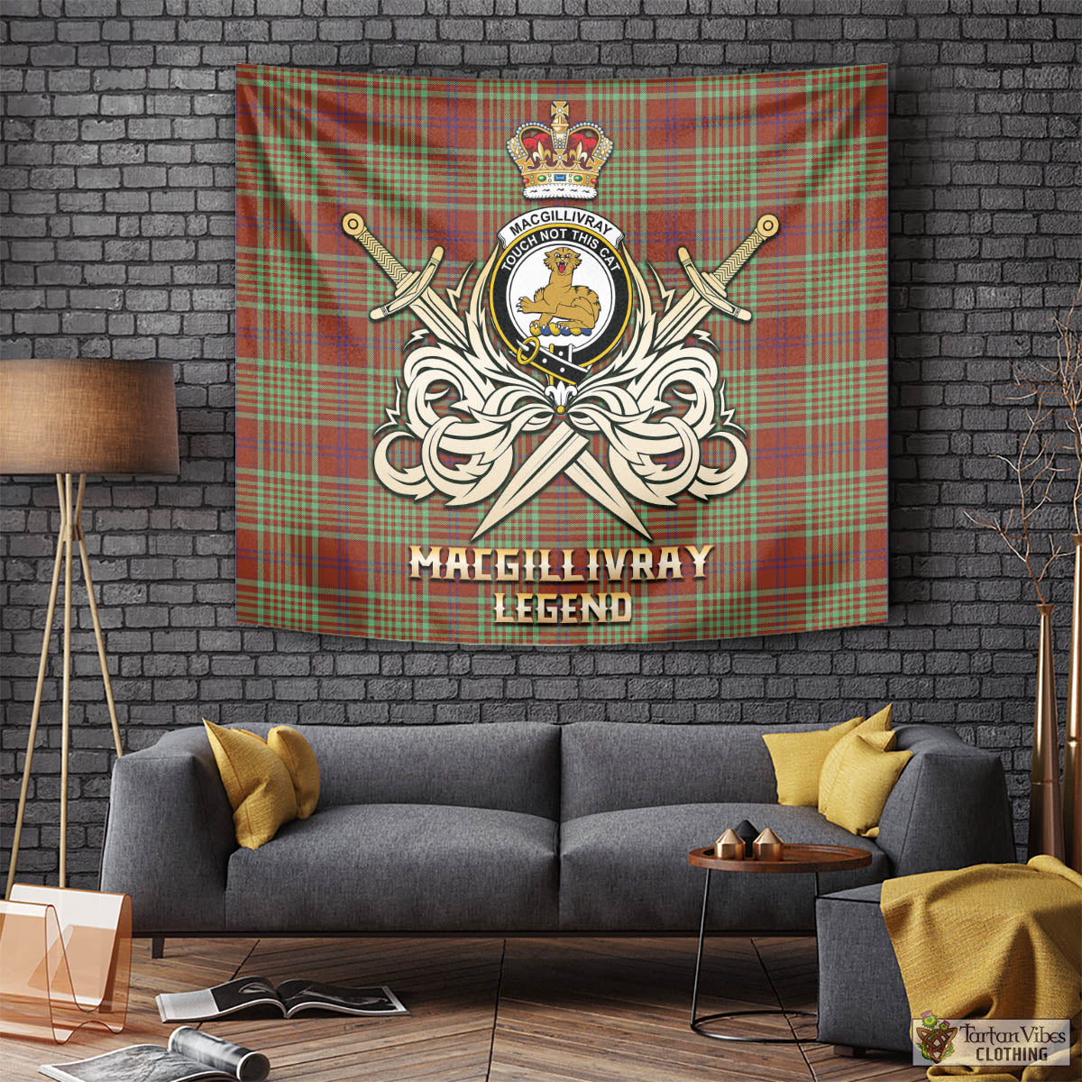 Tartan Vibes Clothing MacGillivray Hunting Ancient Tartan Tapestry with Clan Crest and the Golden Sword of Courageous Legacy