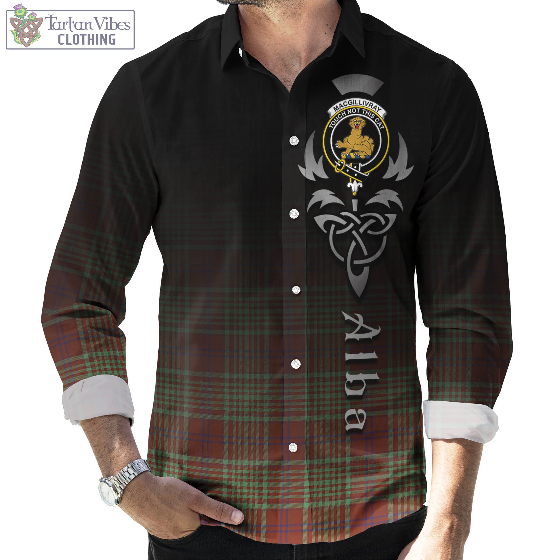 Tartan Vibes Clothing MacGillivray Hunting Ancient Tartan Long Sleeve Button Up Featuring Alba Gu Brath Family Crest Celtic Inspired