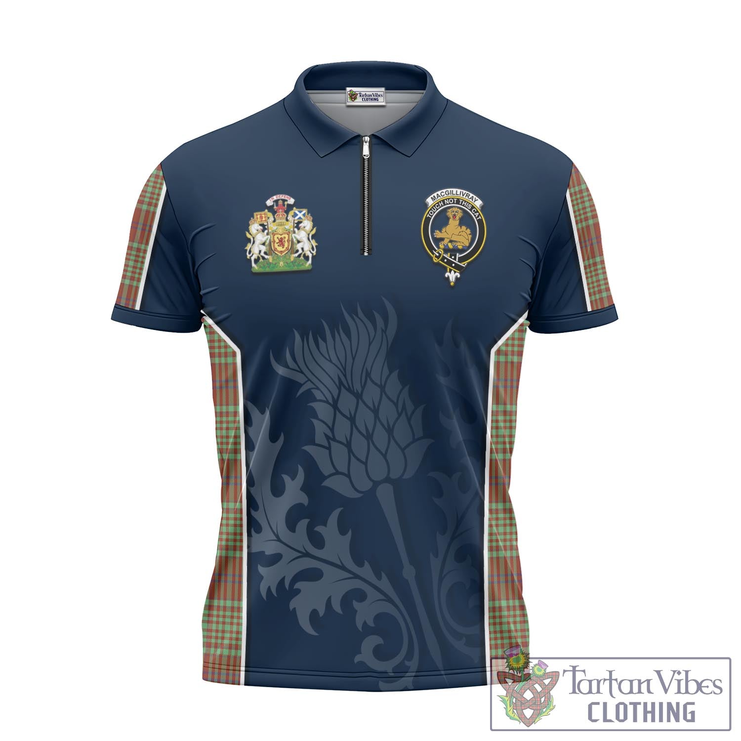 Tartan Vibes Clothing MacGillivray Hunting Ancient Tartan Zipper Polo Shirt with Family Crest and Scottish Thistle Vibes Sport Style