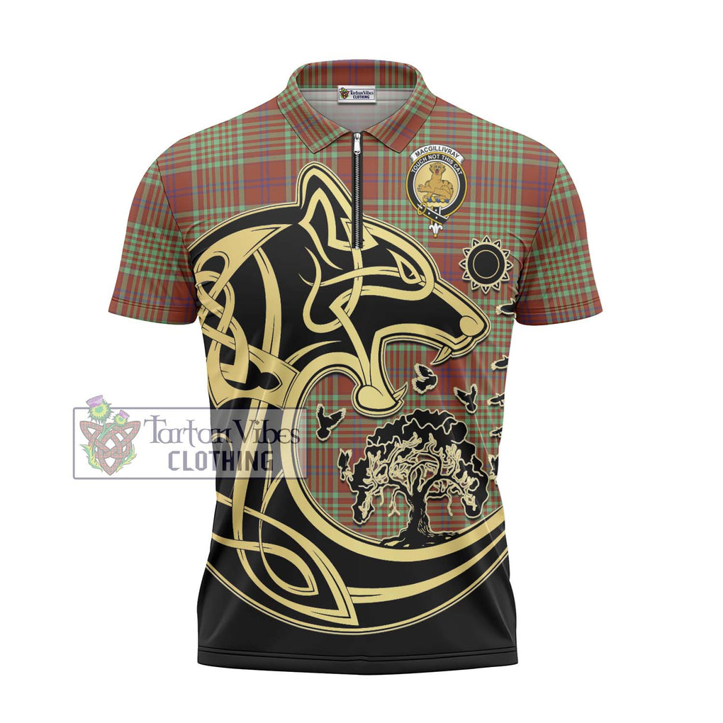 MacGillivray Hunting Ancient Tartan Zipper Polo Shirt with Family Crest Celtic Wolf Style - Tartanvibesclothing Shop