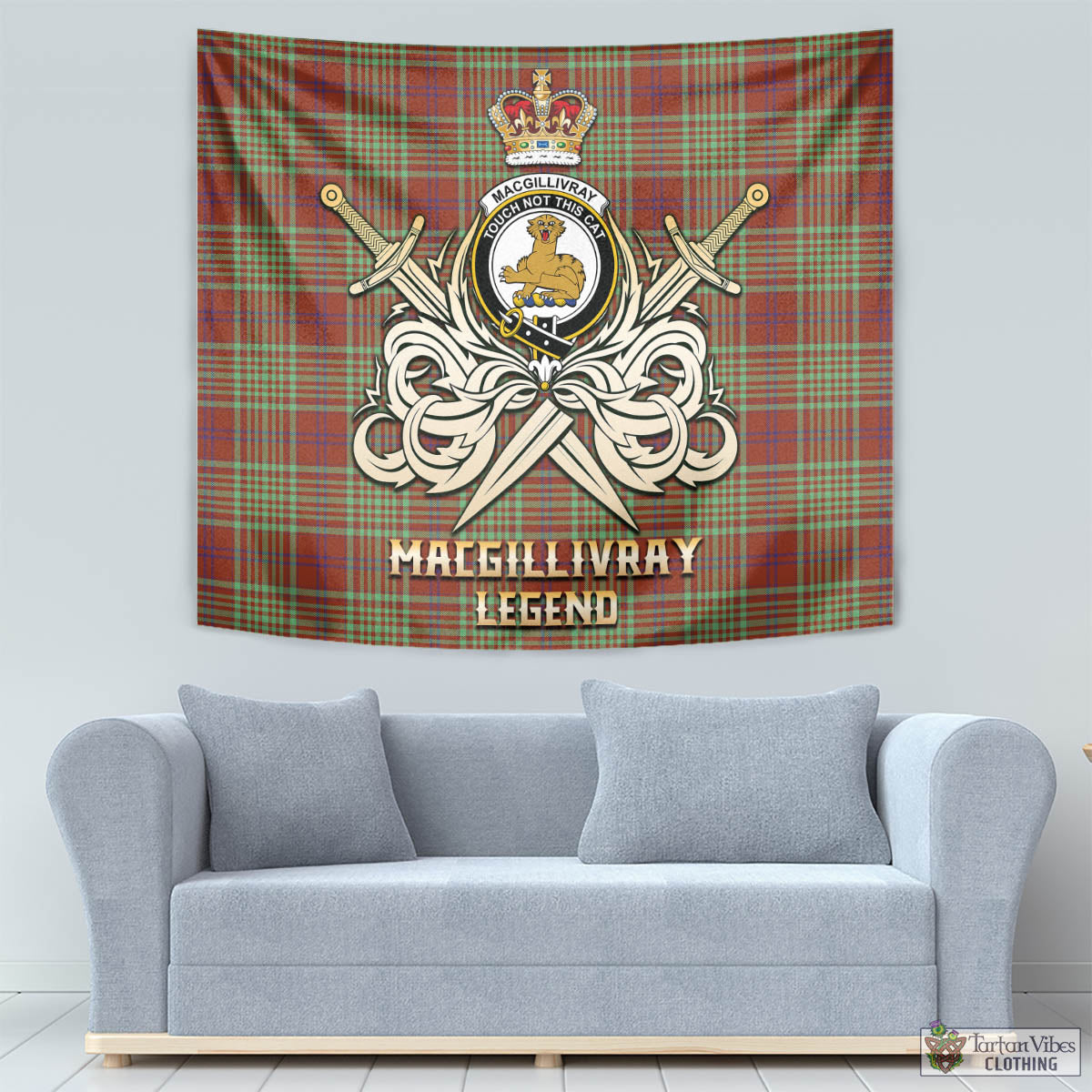 Tartan Vibes Clothing MacGillivray Hunting Ancient Tartan Tapestry with Clan Crest and the Golden Sword of Courageous Legacy