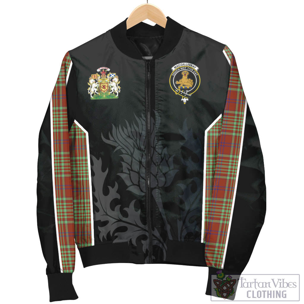 Tartan Vibes Clothing MacGillivray Hunting Ancient Tartan Bomber Jacket with Family Crest and Scottish Thistle Vibes Sport Style