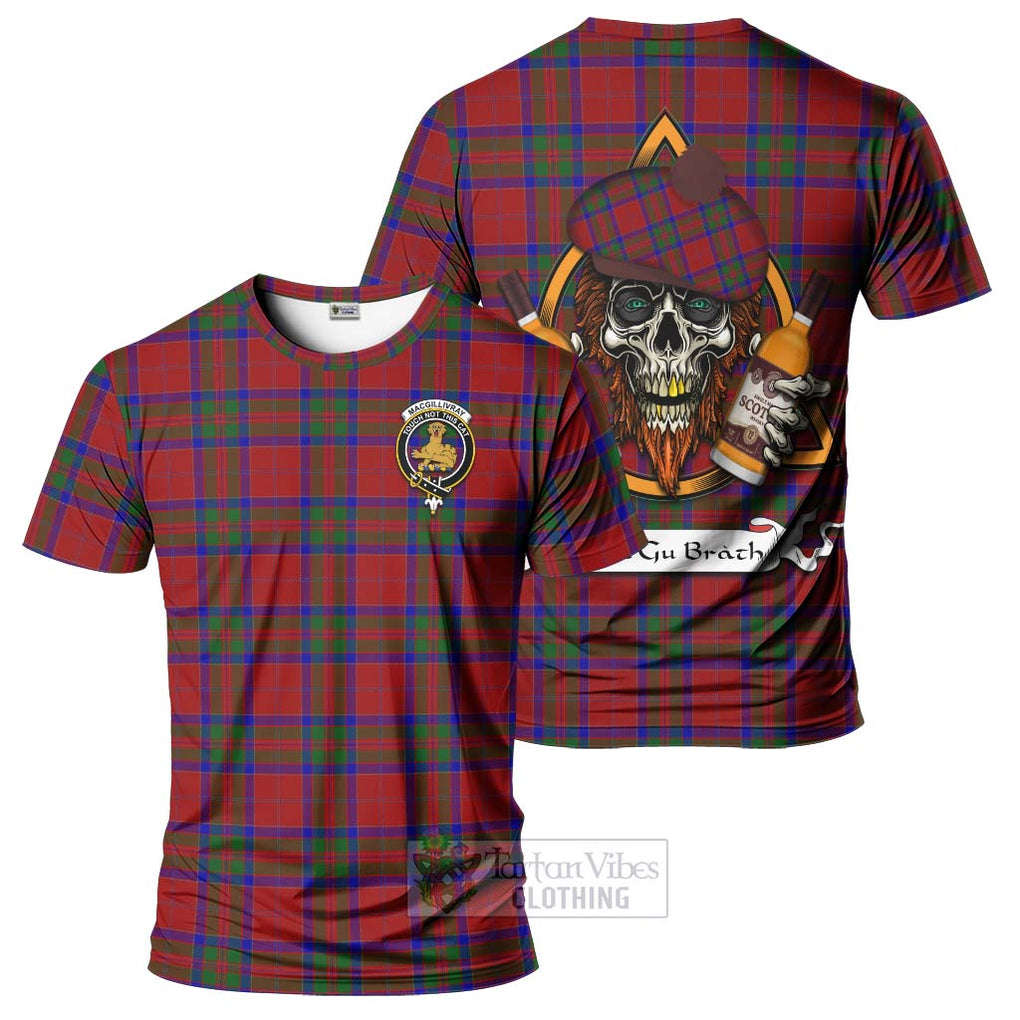 Tartan Vibes Clothing MacGillivray (McGillivray) Tartan T-Shirt with Family Crest and Bearded Skull Holding Bottles of Whiskey