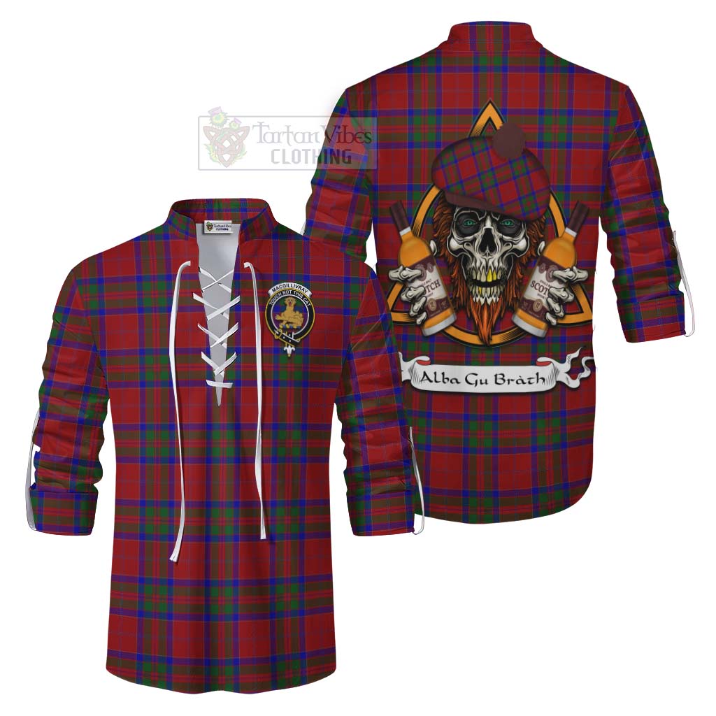 Tartan Vibes Clothing MacGillivray (McGillivray) Tartan Ghillie Kilt Shirt with Family Crest and Bearded Skull Holding Bottles of Whiskey