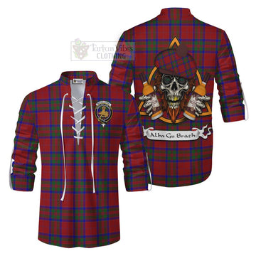 MacGillivray (McGillivray) Tartan Ghillie Kilt Shirt with Family Crest and Bearded Skull Holding Bottles of Whiskey