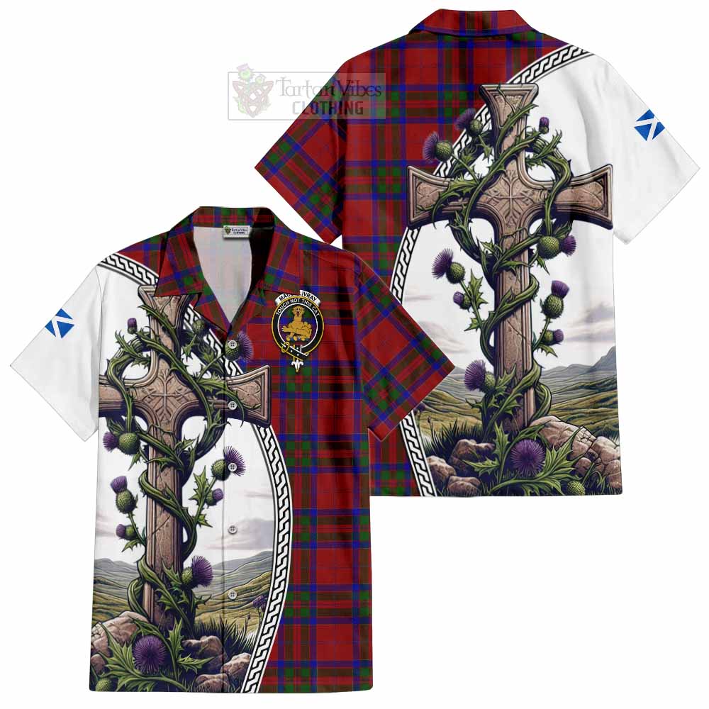 Tartan Vibes Clothing MacGillivray (McGillivray) Tartan Short Sleeve Button Shirt with Family Crest and St. Andrew's Cross Accented by Thistle Vines