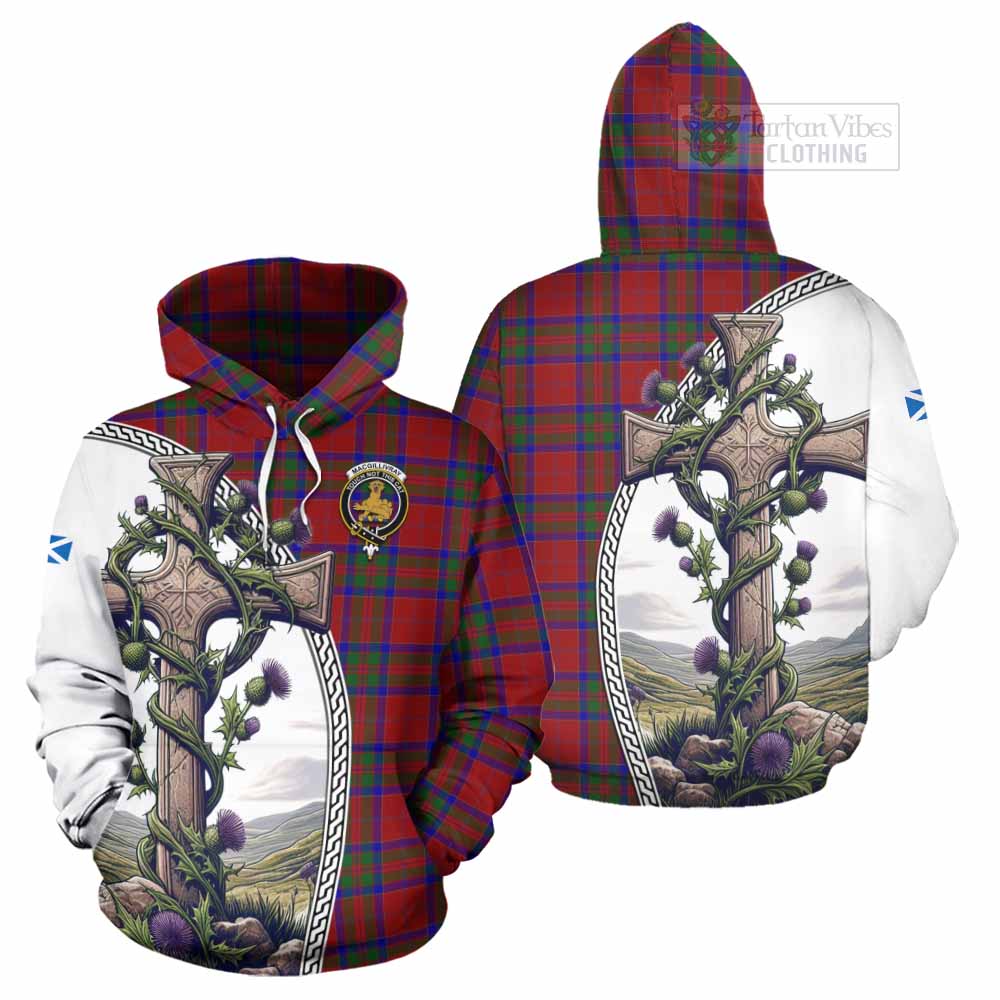 Tartan Vibes Clothing MacGillivray (McGillivray) Tartan Hoodie with Family Crest and St. Andrew's Cross Accented by Thistle Vines