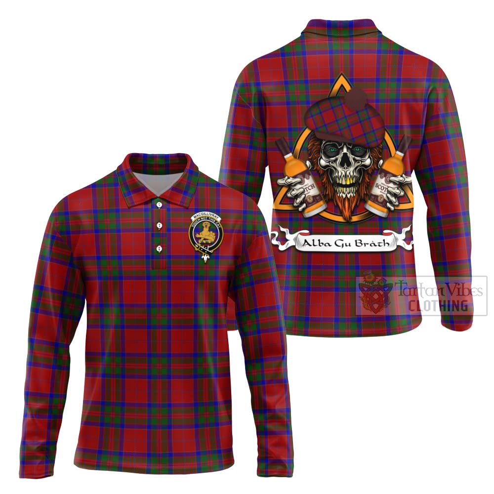 Tartan Vibes Clothing MacGillivray (McGillivray) Tartan Long Sleeve Polo Shirt with Family Crest and Bearded Skull Holding Bottles of Whiskey