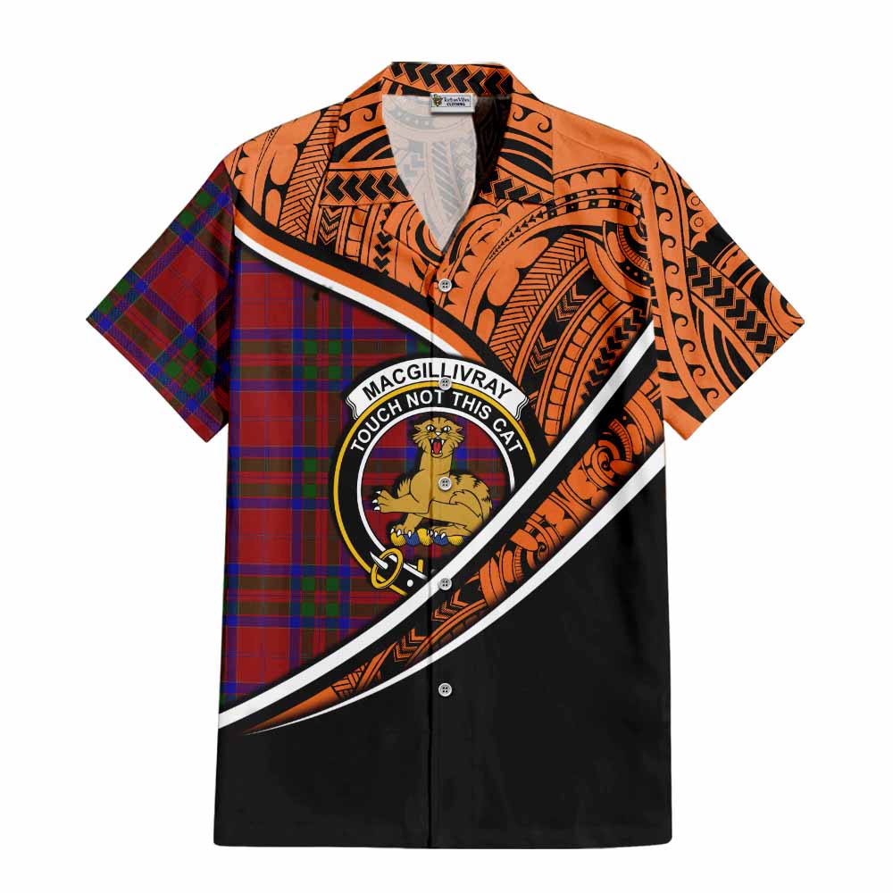 Tartan Vibes Clothing MacGillivray (McGillivray) Crest Tartan Short Sleeve Button Shirt with Maori Tattoo Style - Orange Version