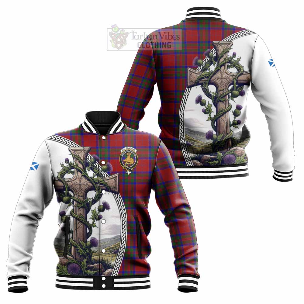 Tartan Vibes Clothing MacGillivray (McGillivray) Tartan Baseball Jacket with Family Crest and St. Andrew's Cross Accented by Thistle Vines