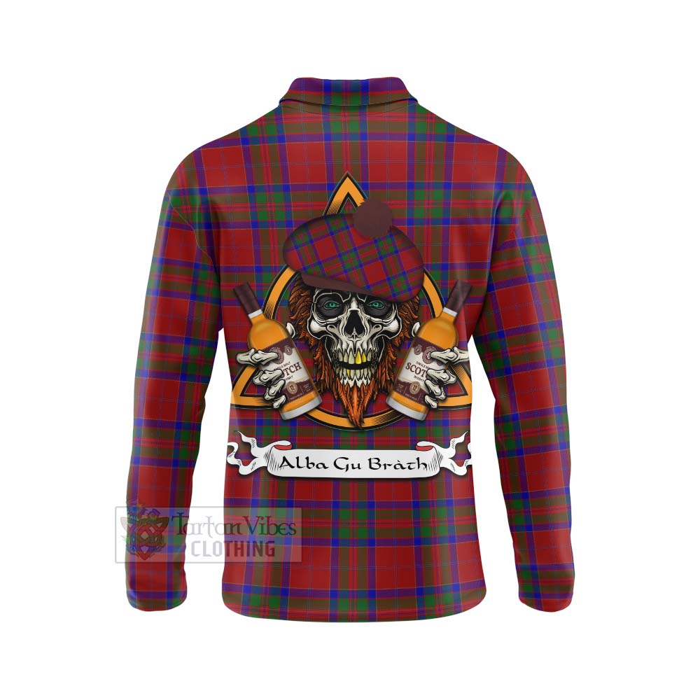 Tartan Vibes Clothing MacGillivray (McGillivray) Tartan Long Sleeve Polo Shirt with Family Crest and Bearded Skull Holding Bottles of Whiskey