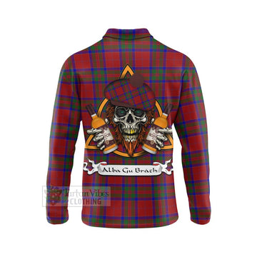 MacGillivray (McGillivray) Tartan Long Sleeve Polo Shirt with Family Crest and Bearded Skull Holding Bottles of Whiskey