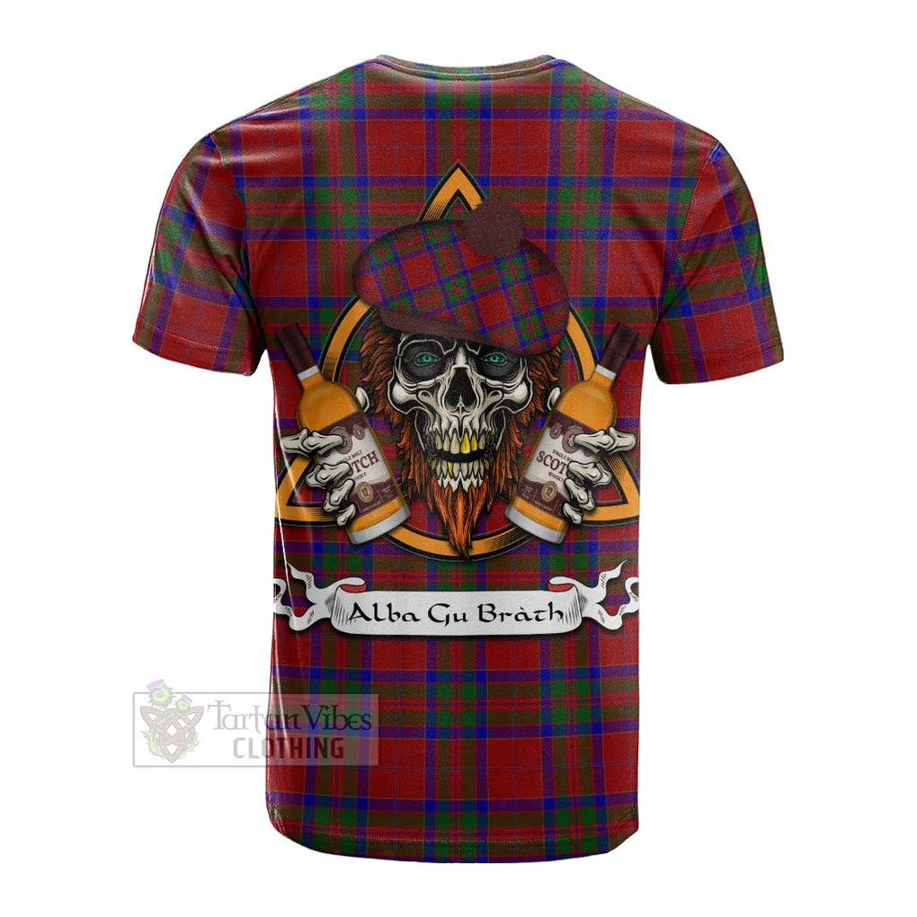 Tartan Vibes Clothing MacGillivray (McGillivray) Tartan Cotton T-shirt with Family Crest and Bearded Skull Holding Bottles of Whiskey