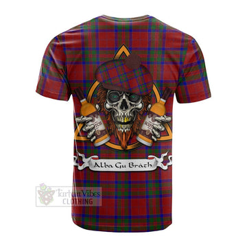 MacGillivray (McGillivray) Tartan Cotton T-shirt with Family Crest and Bearded Skull Holding Bottles of Whiskey