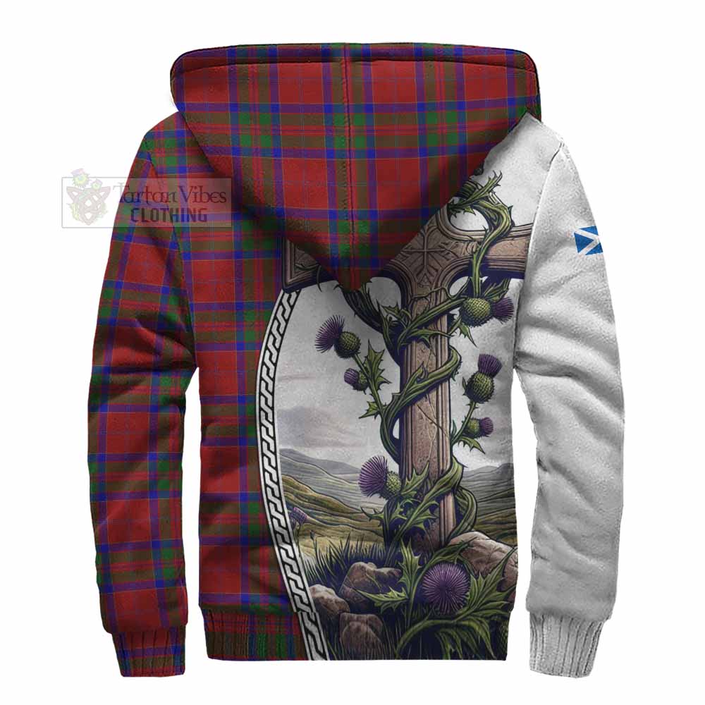 Tartan Vibes Clothing MacGillivray (McGillivray) Tartan Sherpa Hoodie with Family Crest and St. Andrew's Cross Accented by Thistle Vines