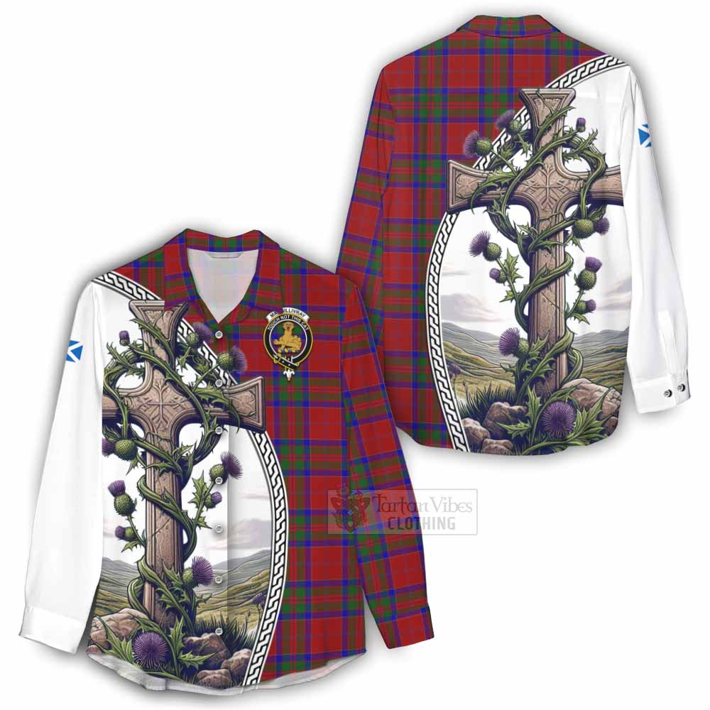 Tartan Vibes Clothing MacGillivray (McGillivray) Tartan Women's Casual Shirt with Family Crest and St. Andrew's Cross Accented by Thistle Vines