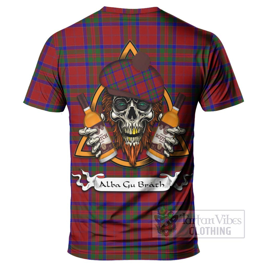 Tartan Vibes Clothing MacGillivray (McGillivray) Tartan T-Shirt with Family Crest and Bearded Skull Holding Bottles of Whiskey