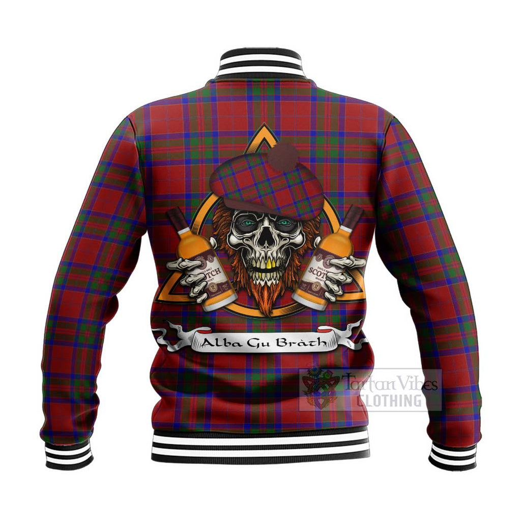 Tartan Vibes Clothing MacGillivray (McGillivray) Tartan Baseball Jacket with Family Crest and Bearded Skull Holding Bottles of Whiskey