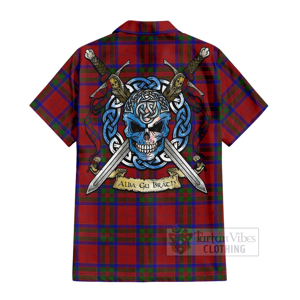 Tartan Vibes Clothing MacGillivray (McGillivray) Tartan Short Sleeve Button Shirt with Family Crest Celtic Skull Style