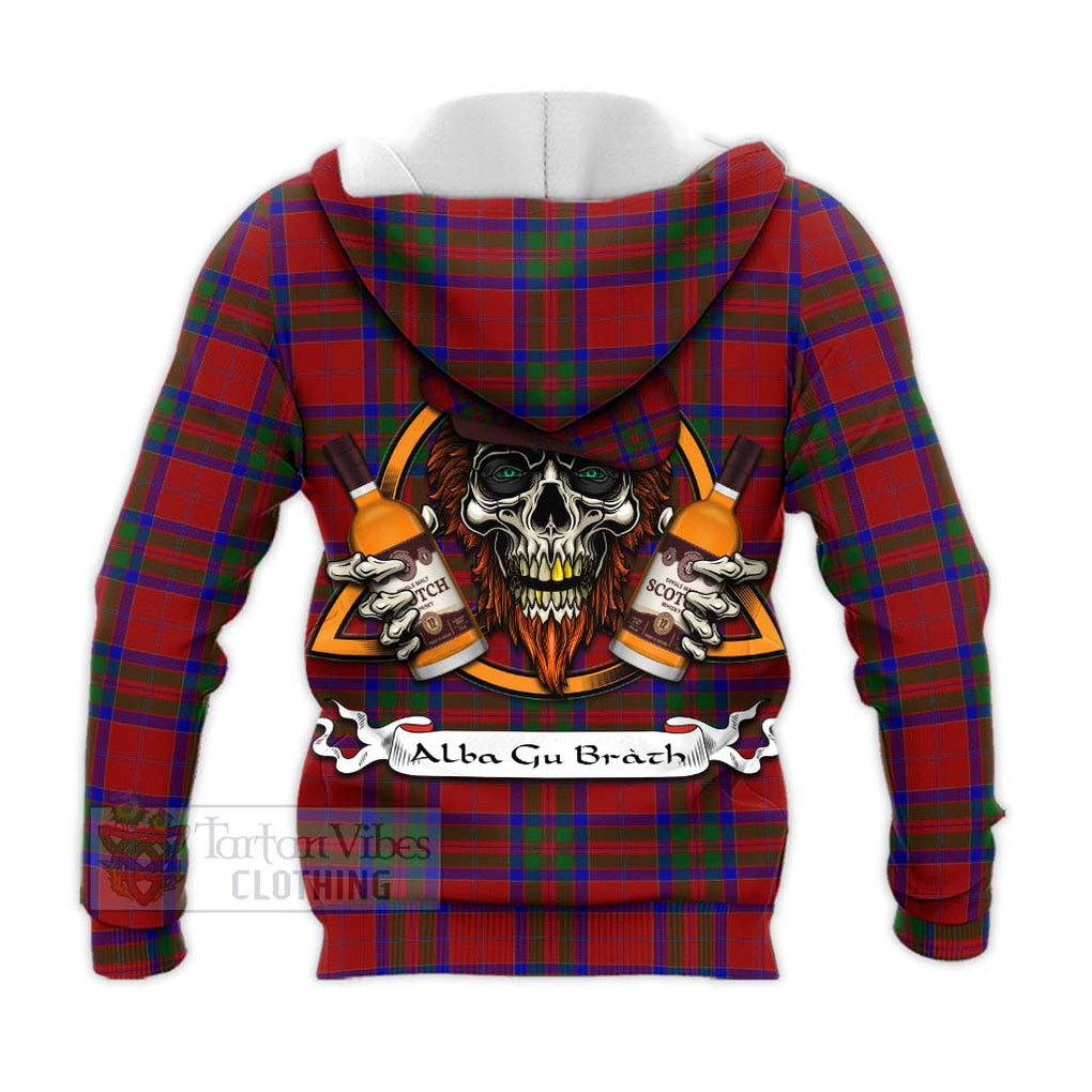 Tartan Vibes Clothing MacGillivray (McGillivray) Tartan Knitted Hoodie with Family Crest and Bearded Skull Holding Bottles of Whiskey