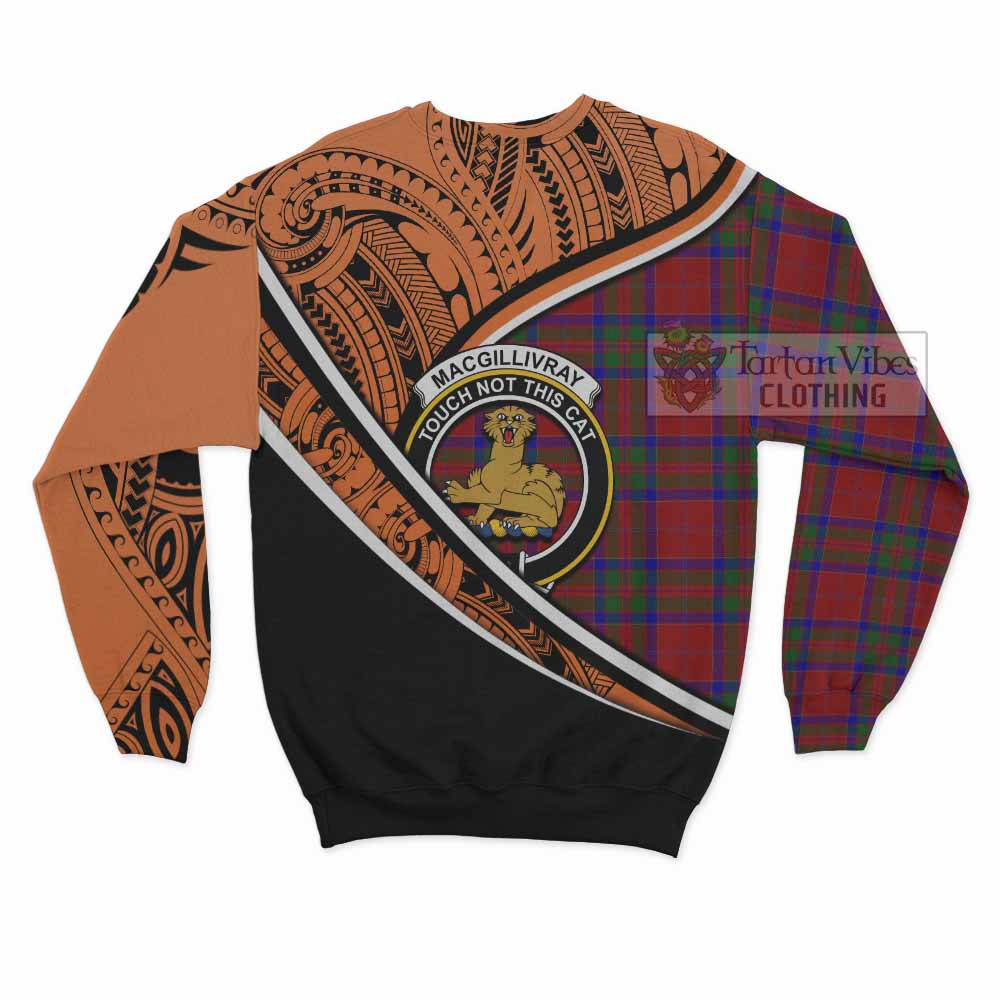 Tartan Vibes Clothing MacGillivray (McGillivray) Crest Tartan Sweatshirt with Maori Tattoo Style - Orange Version