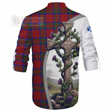 MacGillivray (McGillivray) Tartan Ghillie Kilt Shirt with Family Crest and St. Andrew's Cross Accented by Thistle Vines