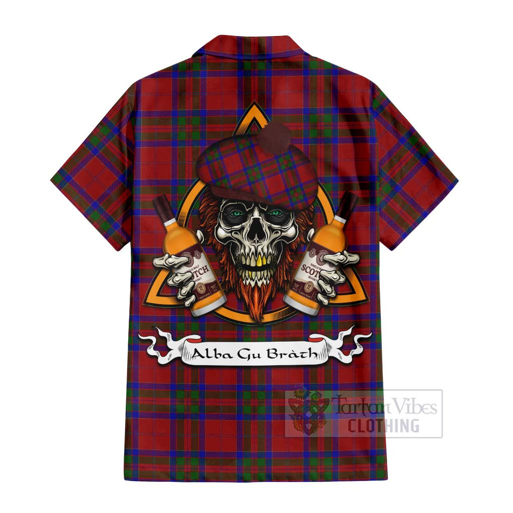 Tartan Vibes Clothing MacGillivray (McGillivray) Tartan Short Sleeve Button Shirt with Family Crest and Bearded Skull Holding Bottles of Whiskey