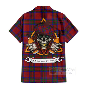 MacGillivray (McGillivray) Tartan Short Sleeve Button Shirt with Family Crest and Bearded Skull Holding Bottles of Whiskey