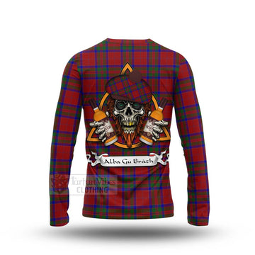 MacGillivray (McGillivray) Tartan Long Sleeve T-Shirt with Family Crest and Bearded Skull Holding Bottles of Whiskey