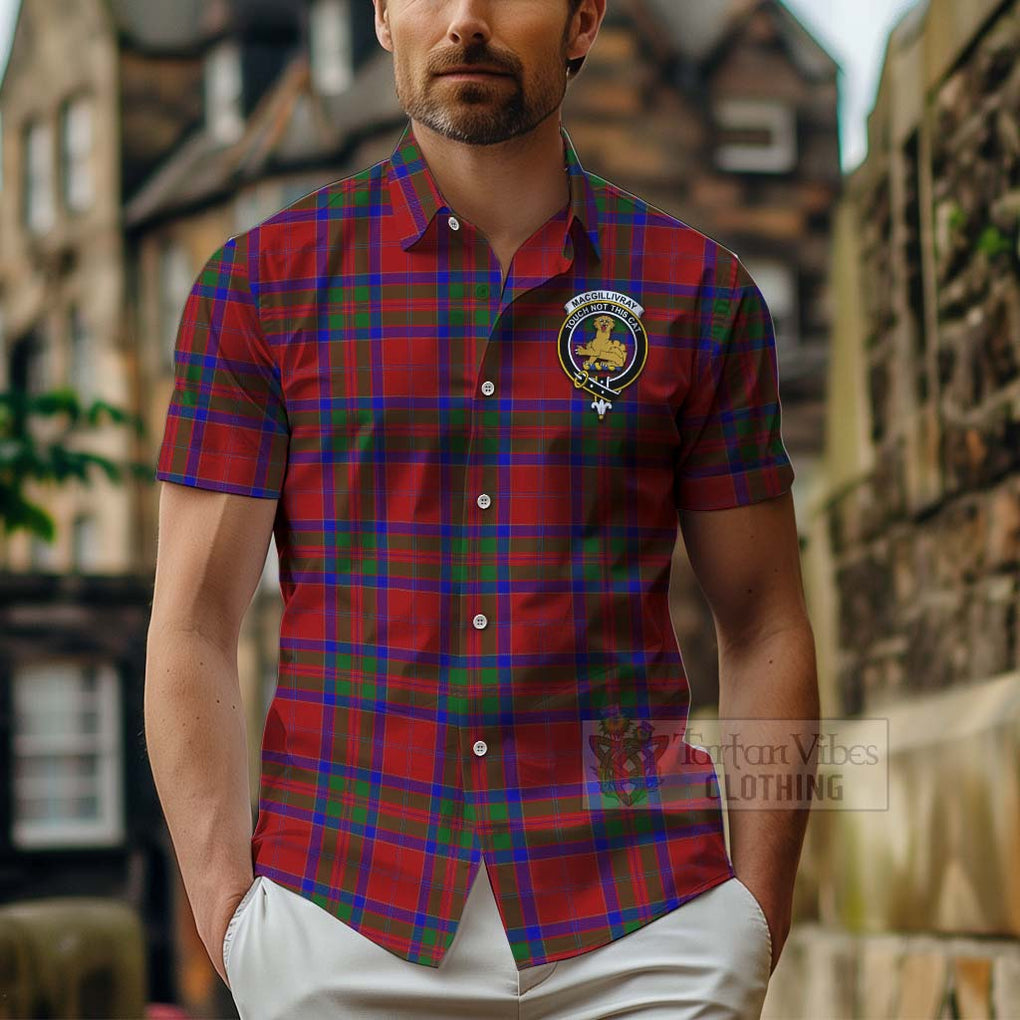 Tartan Vibes Clothing MacGillivray (McGillivray) Tartan Short Sleeve Button Shirt with Family Crest Celtic Skull Style