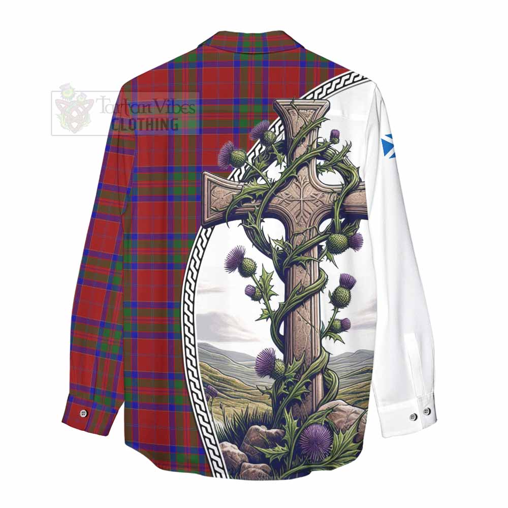 Tartan Vibes Clothing MacGillivray (McGillivray) Tartan Women's Casual Shirt with Family Crest and St. Andrew's Cross Accented by Thistle Vines