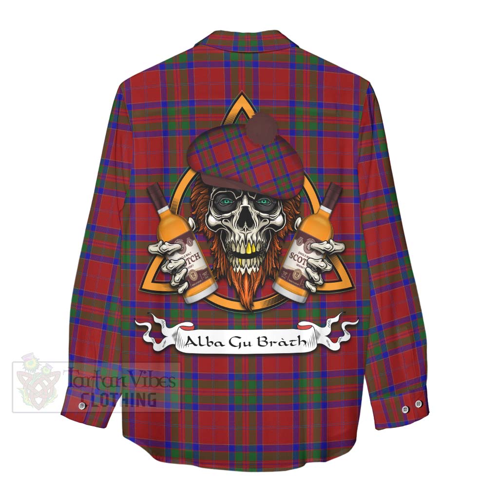 Tartan Vibes Clothing MacGillivray (McGillivray) Tartan Women's Casual Shirt with Family Crest and Bearded Skull Holding Bottles of Whiskey