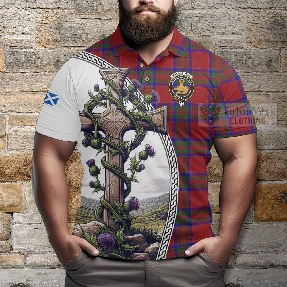 Tartan Vibes Clothing MacGillivray (McGillivray) Tartan Polo Shirt with Family Crest and St. Andrew's Cross Accented by Thistle Vines