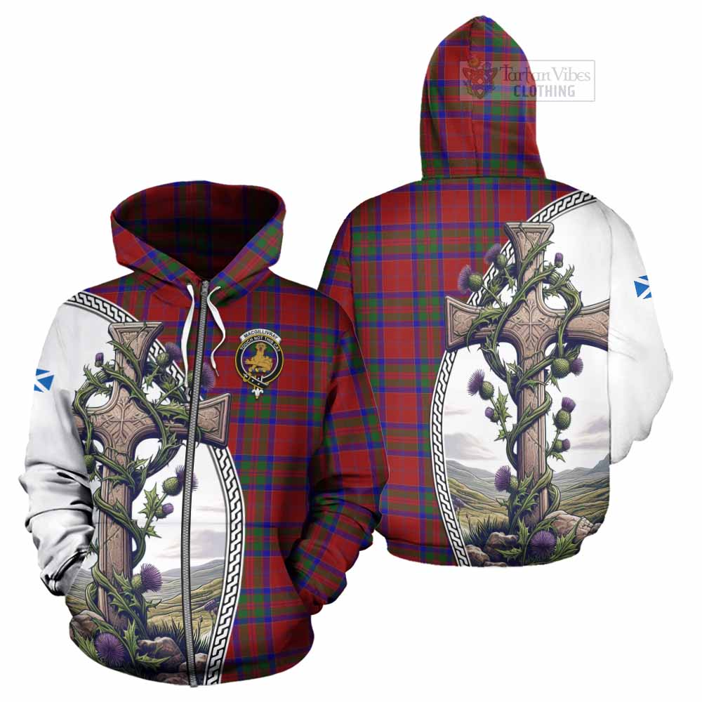 Tartan Vibes Clothing MacGillivray (McGillivray) Tartan Hoodie with Family Crest and St. Andrew's Cross Accented by Thistle Vines