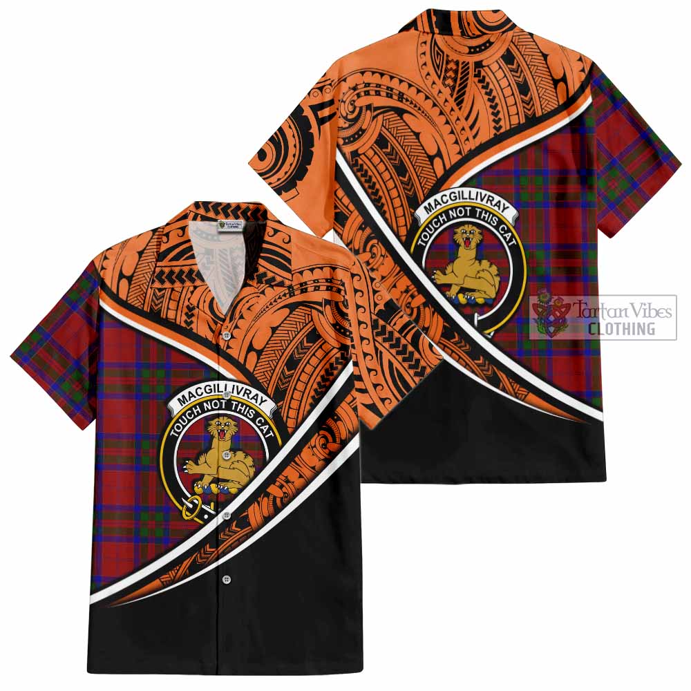 Tartan Vibes Clothing MacGillivray (McGillivray) Crest Tartan Short Sleeve Button Shirt with Maori Tattoo Style - Orange Version