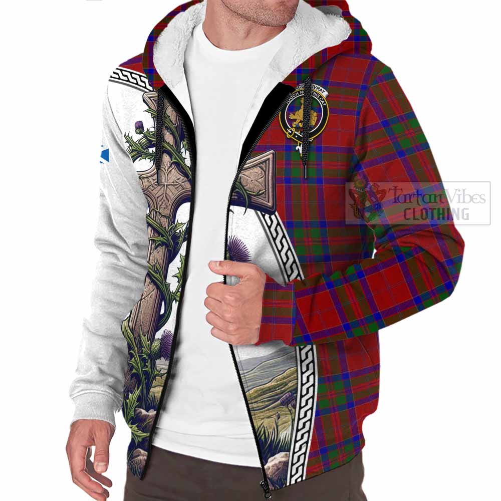 Tartan Vibes Clothing MacGillivray (McGillivray) Tartan Sherpa Hoodie with Family Crest and St. Andrew's Cross Accented by Thistle Vines