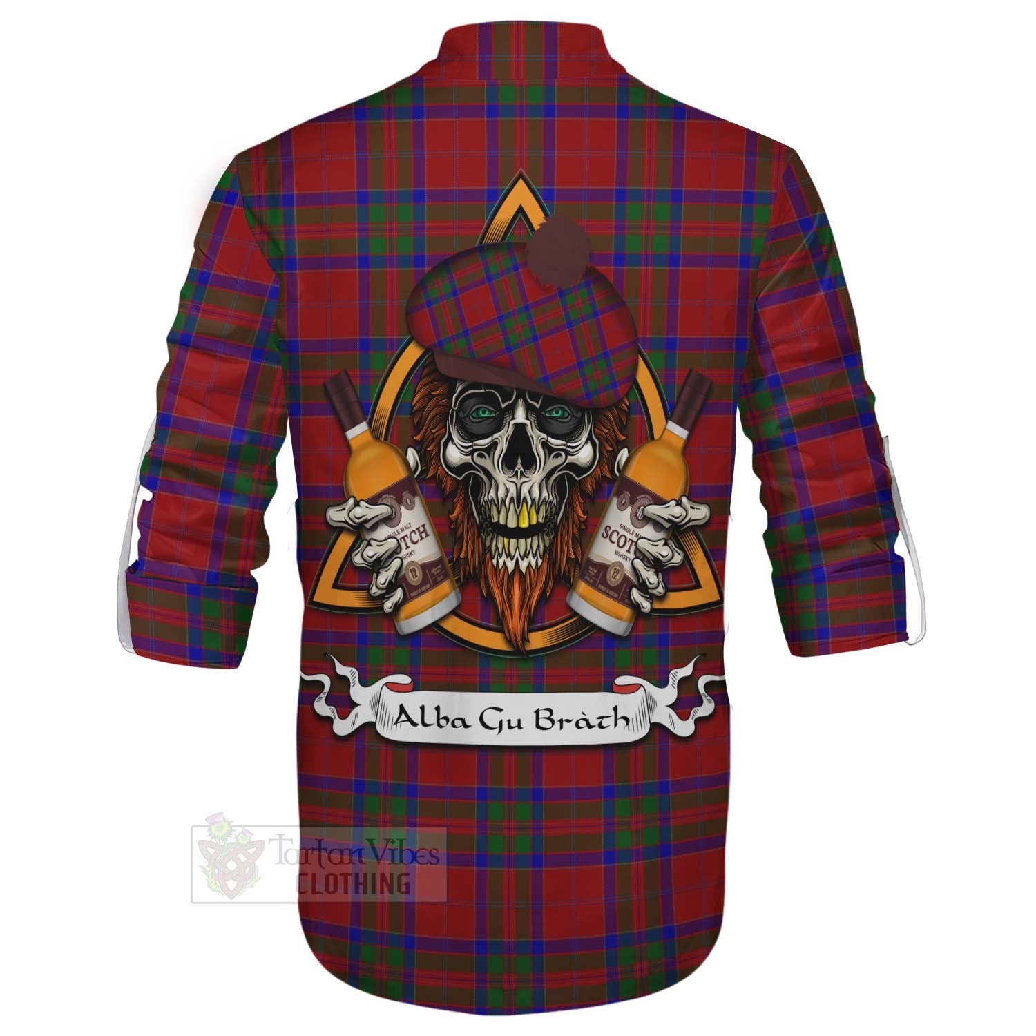 Tartan Vibes Clothing MacGillivray (McGillivray) Tartan Ghillie Kilt Shirt with Family Crest and Bearded Skull Holding Bottles of Whiskey