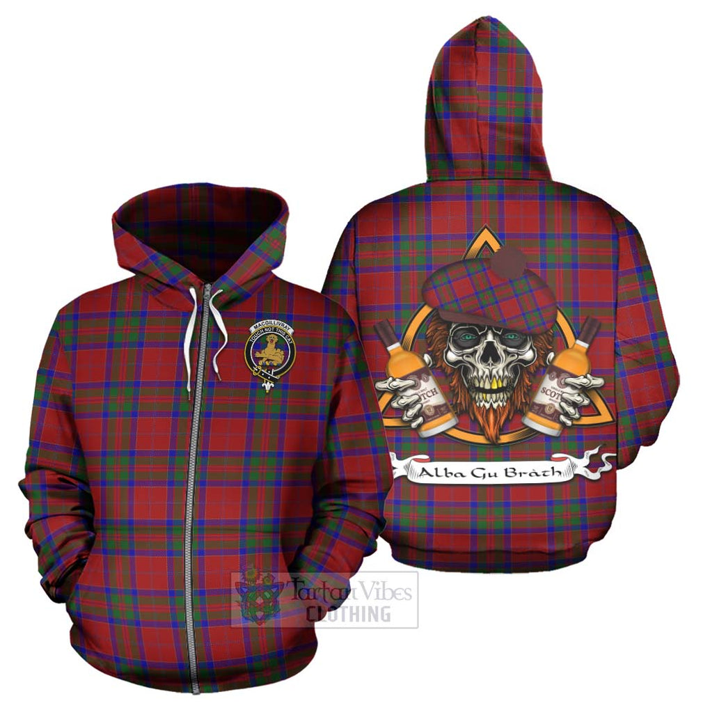 Tartan Vibes Clothing MacGillivray (McGillivray) Tartan Hoodie with Family Crest and Bearded Skull Holding Bottles of Whiskey